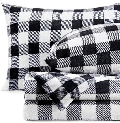 BEDELITE Plaid Flannel Sheet Set, Full Size, Black and White, 4 Pieces