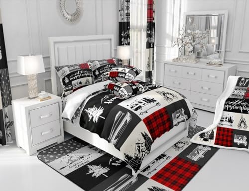Castle Fairy Camping Adventure Comforter Set Twin Size,RV Camper Accessories for Travel Trailers Bedding Set for Kids Boys Men,Rustic Red Plaid Boho Aztec Exotic Quilted Duvet Set with 1 Pillowcase