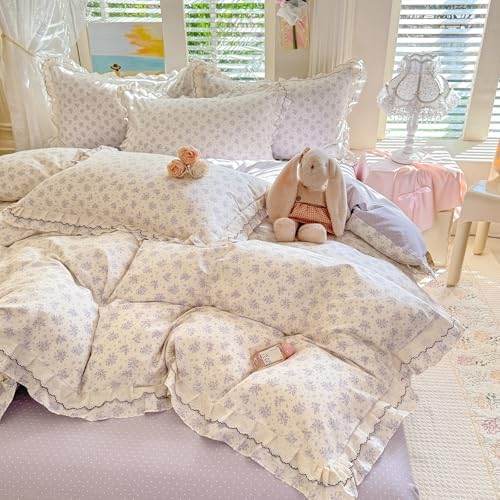 Vintage Flower Duvet Cover Set Twin XL, 3 Piece Coquette Duvet Cover with Ruffle Lace, 100% Cotton Violet Flower Botanical Bedding Set, Aesthetic Floral Cottagecore Comforter Cover for All Season