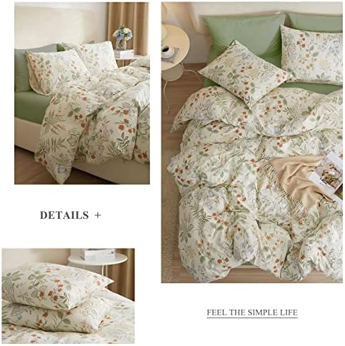 mixinni White Duvet Cover Set with Green Leaves Twin XL Size 100% Cotton Flower Printed Bedding Set 1 Duvet Cover 2 Pillowcases for Teen Girls, Ultra Soft, Breathable, Comfortable(3pcs, Twin XL Size)