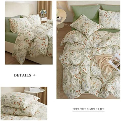 mixinni White Duvet Cover Set with Green Leaves Twin XL Size 100% Cotton Flower Printed Bedding Set 1 Duvet Cover 2 Pillowcases for Teen Girls, Ultra Soft, Breathable, Comfortable(3pcs, Twin XL Size)