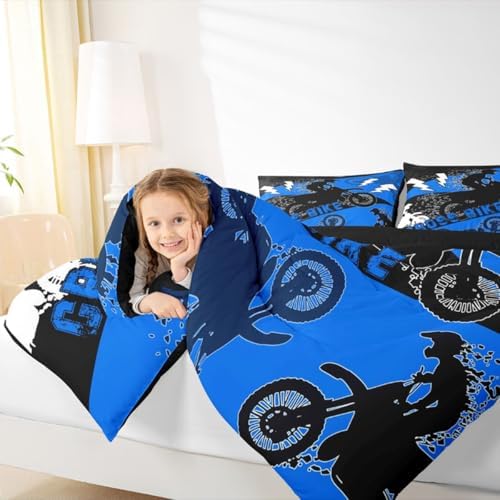 Erosebridal Boys Dirt Bike Comforter Set King Kids Motocross Bedding Set Dirtbike Bedroom Decor for Boys Men Adult,Rider Motorcycle Bed Set Cool Extreme Sports Bedding Sets 3Pcs,Blue Black