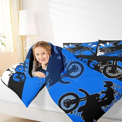 Erosebridal Boys Dirt Bike Comforter Set King Kids Motocross Bedding Set Dirtbike Bedroom Decor for Boys Men Adult,Rider Motorcycle Bed Set Cool Extreme Sports Bedding Sets 3Pcs,Blue Black