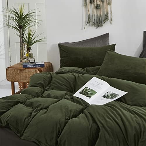 Wellboo Army Green Velvet Comforter Sets Full Solid Olive Fluffy Bedding