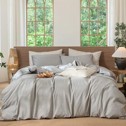 MooMee Striped Duvet Cover Set 100% Washed Cotton Linen Like King