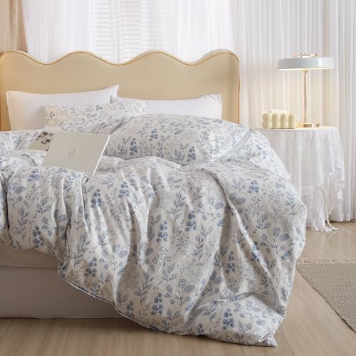 Blue Floral Comforter Set Twin XL Vintage Floral Botanical Bedding Comforter Set Cottagecore Cute Flowers Comforter with 2 Pillowcases Fluffy Soft Aesthetic Botanical Bedding Set for All Seasons