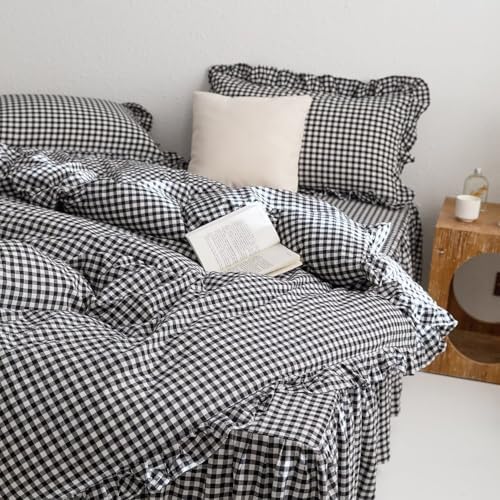 mixinni Black White Gingham Ruffle Duvet Cover Twin XL Size 3 Pieces – 100% Washed Cotton, Vintage Plaid Ruffled Bedding Set with Zipper Ties, Soft Checkered Grid Farmhouse Chic Comforter Cover Set
