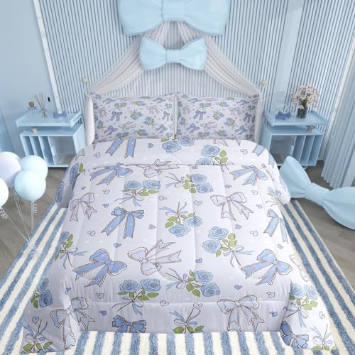 Castle Fairy Blue Bowknot Comforter Set King Size,Dreamy Princess Style Down Alternative Adults Bedroom Decor,Retro Blue Rose Farmhouse Ultra Soft Microfiber Inner Fill 3 Pcs Bedding