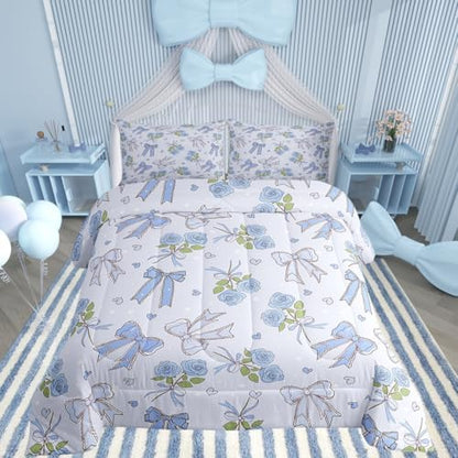 Castle Fairy Blue Bowknot Comforter Set King Size,Dreamy Princess Style Down Alternative Adults Bedroom Decor,Retro Blue Rose Farmhouse Ultra Soft Microfiber Inner Fill 3 Pcs Bedding
