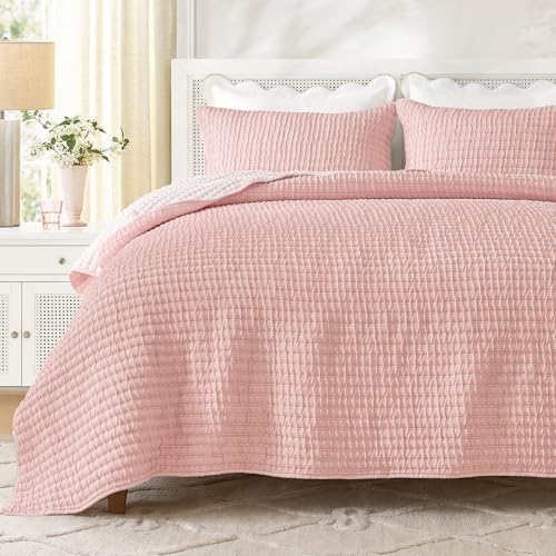 Wonderful 2PC Twin Size Textured Quilt Set - All Season Crinkle Voile Coverlet, Soft Puckered Grid Faux Hand-Quilted Bedspread, Lightweight Wrinkle-Resistant Pink Bedding with 1 Sham, 68"x88"