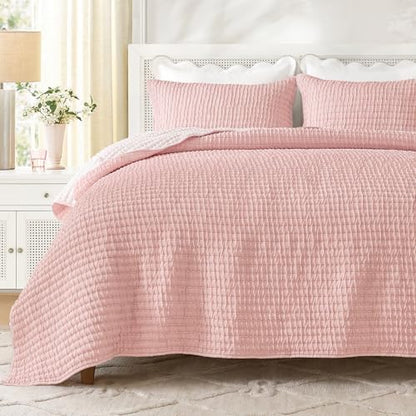 Wonderful 2PC Twin Size Textured Quilt Set - All Season Crinkle Voile Coverlet, Soft Puckered Grid Faux Hand-Quilted Bedspread, Lightweight Wrinkle-Resistant Pink Bedding with 1 Sham, 68"x88"