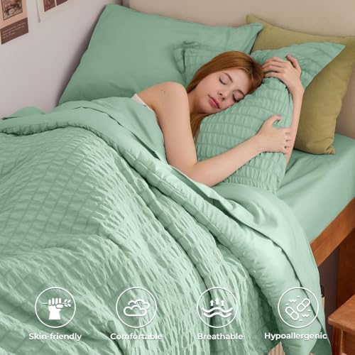 HYMOKEGE Sage Green Twin XL Comforter Set Seersucker 5 Pieces, All Season Luxury Bed in a Bag for Bedroom, Bedding Set with Comforter, Sheets, Pillowcase & Sham