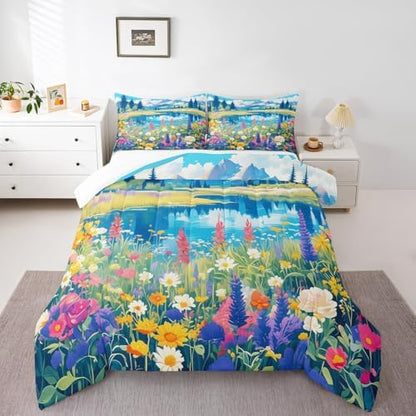 Spring Garden Comforter Set Twin Size,Blossom Flower Lake Mountain Bedding Set for Kids Girls Women Room Decor,Nature Scenery Quilt Set 2Pcs,Floral Botanical Microfiber Duvet Insert,1 Pillowcase