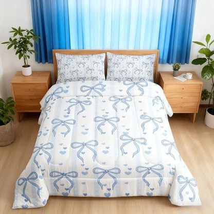 Castle Fairy Blue Bowknot Bedding Set King Size,Cute Heart Print Blue Ribbon Comforter Set for Adult Women Bedroom,Dreamy Princess Bowknot Ultra Soft Bedding Set with 2 Pillowcases,3Pcs