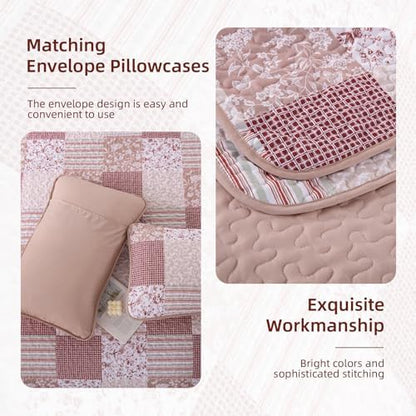 Mybedsoul Pink Boho Quilt King Size, Patchwork Reversible Bedding Set
