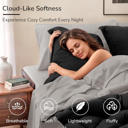 downluxe King Comforter Set Soft Reversible 7 Pieces, Black/Grey