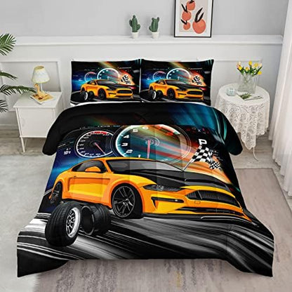Axolotl Race Car Bedding - Full Size Boys Extreme Sports Comforter Set with 2 Pillowcases - Yellow Cool Car Quilt Set