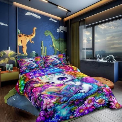 Cartoon Dragon Bed Comforter Set Queen Size,Western Wildlife Animal Super Soft Microfiber Bedding Set for Adults Teens,Watercolor Flowers Comforter Set,2 Pillowcases