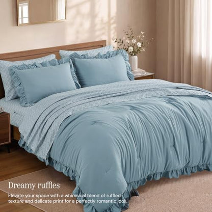 BLOOMHAVEN Full Size Comforter Sets-7 Pieces Ruffle Bedding Floral Sheet