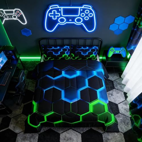 Castle Fairy Honeycomb Bedding Comforter Set Full Size,Hexagon Theme with Green Blue Neon Lights Quilt Set,Boys Teen Man Chic Creative Home 3pcs Duvet 2 Pillowcases,Black WWS13396ZMD-BZ USF