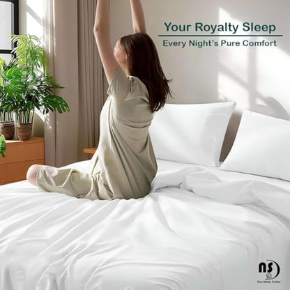 NON Sticky cotton Queen 4 Piece Sheet Set, 100% Long Staple Cotton, Soft Cooling Hotel Luxury Bedding Sheets, Deep Pocket Fits 10" to 18" Mattress, 60" x 80", White Solid