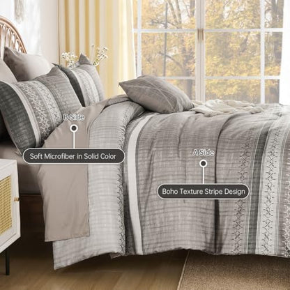 Dintszyayue Taupe Queen Comforter Size Set, 8 Pieces Striped Texture Bed in a Bag Bedding Sets, Lightweight Soft Comforter and Sheet Set, All Season Microfiber Teen Boys Bedding Sets for Men Women