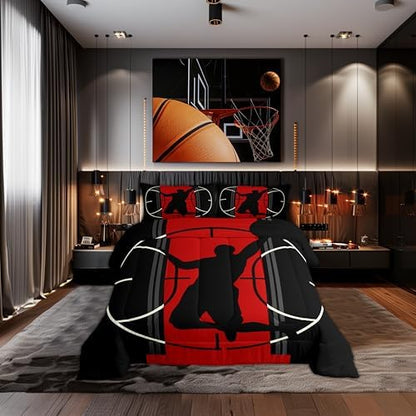 Basketball Comforter Set for Teens Sports Games Bedding Set Red and Black Bedding Home Decor for Kids Comforter Twin Size 2 Pcs Basketball Court Quilted Duvet Set 1 Comforter with 1 Pillowcase
