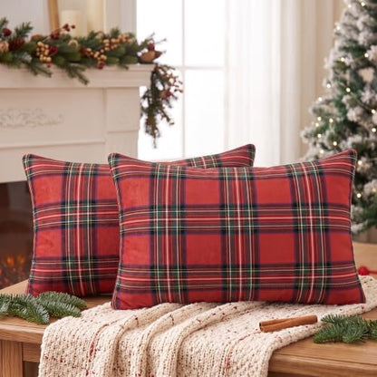 AVOIN colorlife Christmas Red Green Plaid Decorative Throw Pillow Covers, 12 x 20 Inch Holiday Scottish Tartan Cushion Case Farmhouse Decoration for Sofa Couch Set of 2
