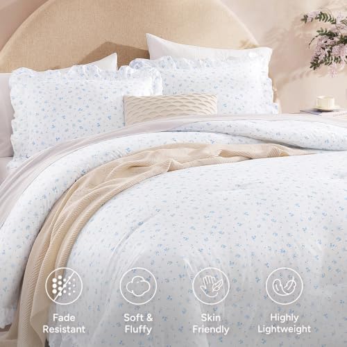 Andency Blue Floral Ruffle Comforter Queen, Flower Printed Bedding Set