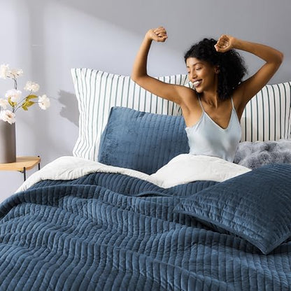 Wonderful - Velvet Quilt Set King Size Dusty Blue Soft Cotton-Feel Plush Coverlet with Shams, Premium Vertical Channel Stitched, Lightweight All-Season Bedspread