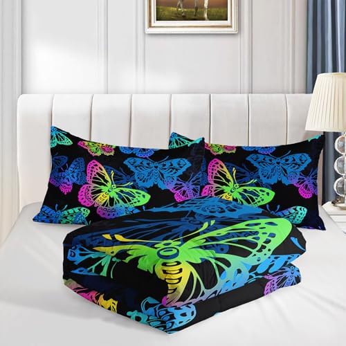 Axolotl Colorful Butterflies Bedding Set,Gradient Butterfly Comforter for Girls Kids,3 Pcs Butterfly Animal Kids Bed Set,Rainbow Butterflies Comforter for Teens Adults,1 Quilt with 2 Pillowcases King