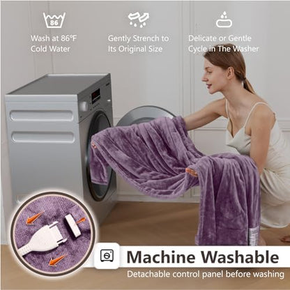Wapaneus Heated Blanket Electric Blanket 62" x 84" Twin Size with 10 Heating Levels and 12 Hours time Settings, Flannel Fast-Heating Electric Blanket, ETL Listed, Machine Washable, Purple