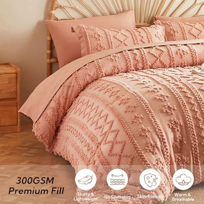 MR&HM King Size Comforter Set 7 Pieces, Boho Tufted Bedding Set Coral Pink
