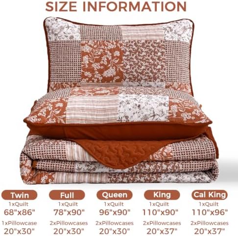 Mybedsoul Burnt Orange Boho Quilt Queen Size, Patchwork Fall Bedding Set