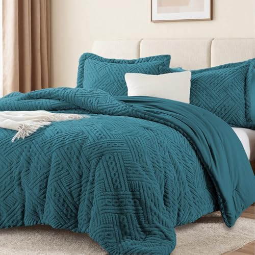 Homelike Moment Fleece King Comforter Set, Fluffy Bed Set 3 Piece Blue