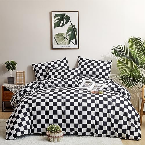 Wellboo Black White Plaid Comforter Sets King Women Men Black and White Checkerboard Grid Bedding Comforters Cotton Boys Girls Modern Black Checkered Geometric Quilts Luxury Abstract White Bedding