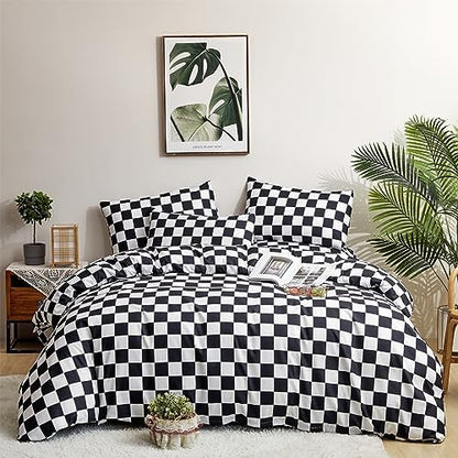 Wellboo Black White Plaid Comforter Sets King Women Men Black and White Checkerboard Grid Bedding Comforters Cotton Boys Girls Modern Black Checkered Geometric Quilts Luxury Abstract White Bedding