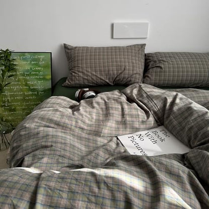 mixinni Vintage Green Buffalo Plaid Duvet Cover Set King Size - 3 Piece Mid-Century Washed Cotton Bedding Set with Grid Pattern, Ultra Soft & Breathable Duvet Cover with Pillowcases for All Seasons