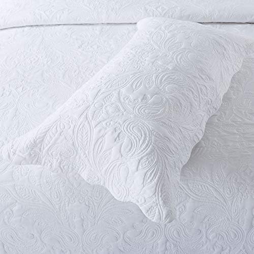 HoneiLife Quilt Set King Size - 3 Piece Embroidered Microfiber Bedspread Reversible Coverlet Lightweight Bedcover Paisley Pattern Bedding Set All Season Quilts-White