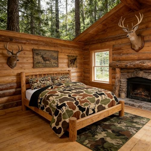 Homewish Deer Camo Comforter Set Queen Size,Army Green Camouflage Bedding Sets 3Pcs for Kids Women Room Decor,Hunting Deer Quilted Duvet Hunt Wild Animals Down Comforter,2 Pillowcases