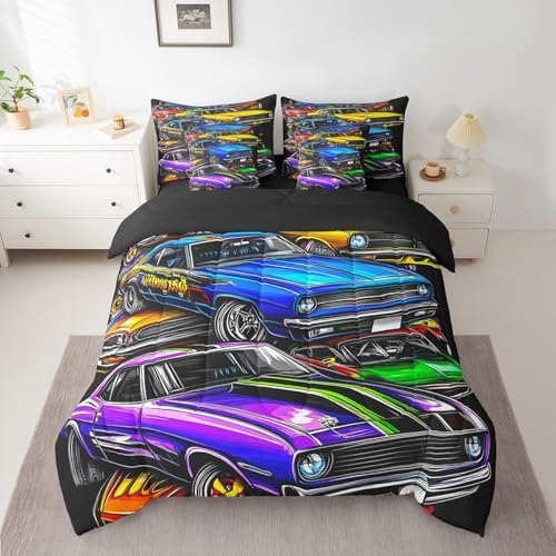 Feelyou Race Car Comforter Set with Sheets King Size Kids Speed Sports Car 7 Pieces Bedding Set for Boys Girls Teens Racing Car Bed in a Bag Breathable Hippie Graffiti Extreme Sports Bed Set