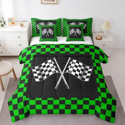 Teens Racing Comforter Set King Size 7 Pcs Green Black White Bedding Set with Comforter,Sheet Set,Pillowcase and Sham Racing Car Flag Game Theme Bed Set Checkered Flag Bedding for Room Decorative