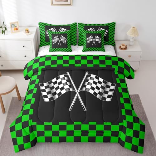 7 Pieces Racing Comforter Set for Kids Green Black White Bedding Set Queen Size,Racing Car Flag Game Theme Comforter for Boys Girls Adult Checkered Flag Super Soft Fade Resistant Microfiber Bedding