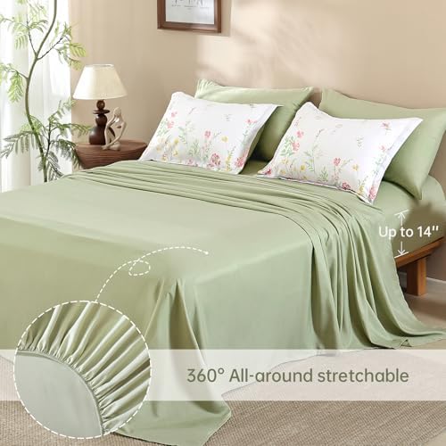 Yiran 7 Piece Pink Green Floral Comforter Set King Size, Cute Botanical Comforters Lightweight Coquette Bedding Set Flower Bed in a Bag Soft Farmhouse Bedding Set with Sheets for Women