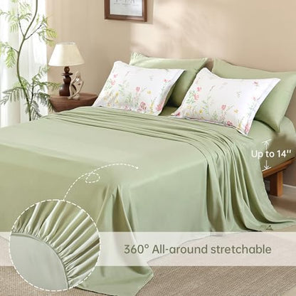 Yiran 7 Piece Pink Green Floral Comforter Set King Size, Cute Botanical Comforters Lightweight Coquette Bedding Set Flower Bed in a Bag Soft Farmhouse Bedding Set with Sheets for Women
