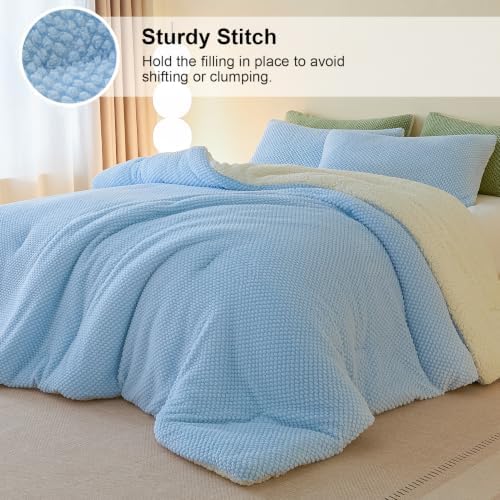 LLanCL 3D Jacquard Design Comforter Set, Ultra-Soft Warm Queen Size Sherpa Fur Plush 3-Pieces Sets Luxury Cozy Bedding with 2 Pillowcases (90"x90", Light Blue)