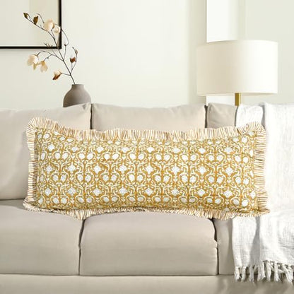 CPC Block Print Mustard Regal Ruffle Cotton Lumbar Pillow Cover 14x36 inch