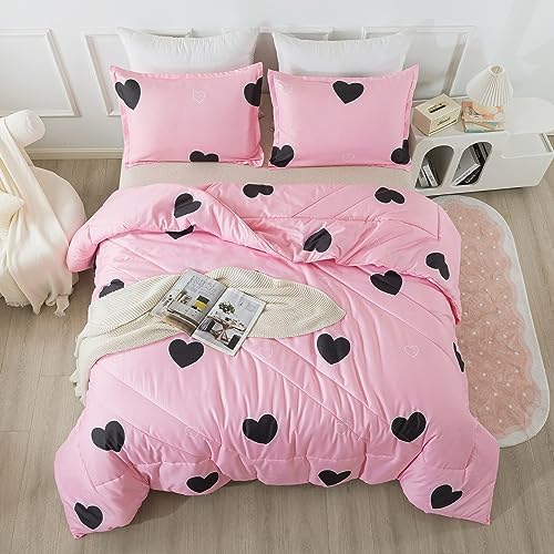 Caressma Pink Comforter Set Twin Size Black Heart Set 2pcs with Pillowsham
