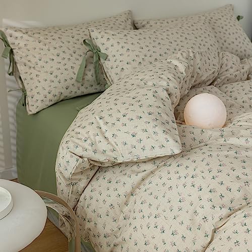 Vintage Style Cotton Duvet Cover Twin 3 Pieces Green Floral Print Duvet Cover Chic Botanical Flower Bedding Sets Cottagecore Floral Comforter Cover Boho Floral Bedding Cover with 2 Bowknot Pillowcases