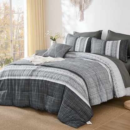 Dintszyayue Grey Queen Comforter Size Set, 8 Pieces Striped Texture Bed in a Bag Bedding Sets, Lightweight Soft Comforter and Sheet Set, All Season Microfiber Teen Boys Bedding Sets for Men Women